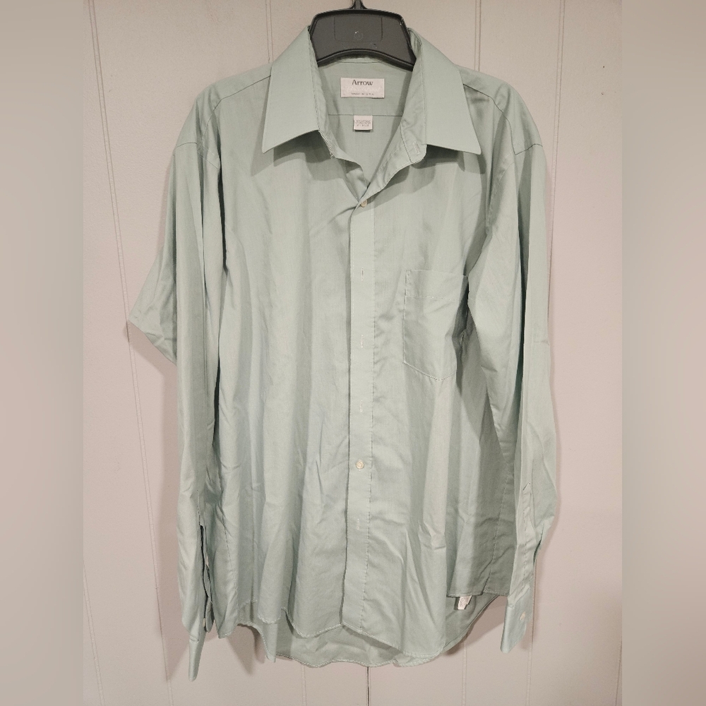 Arrow Bradstreet Mens Button Up Dress Shirt 17 34/35 Light Green Long Sleeve